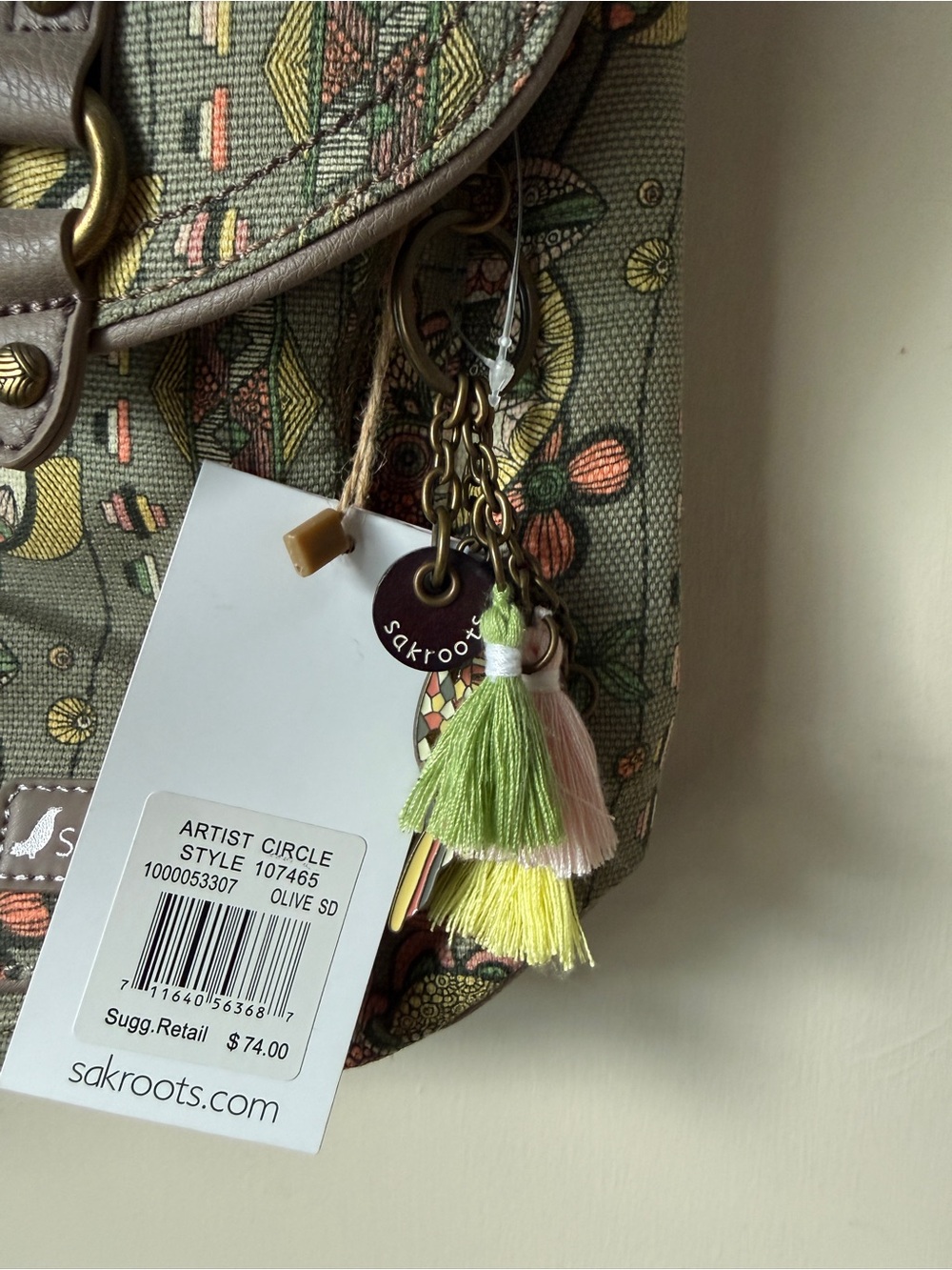 Sakroots Olive Green Floral Crossbody Messenger Bag with Tassels - Picture 3 of 10